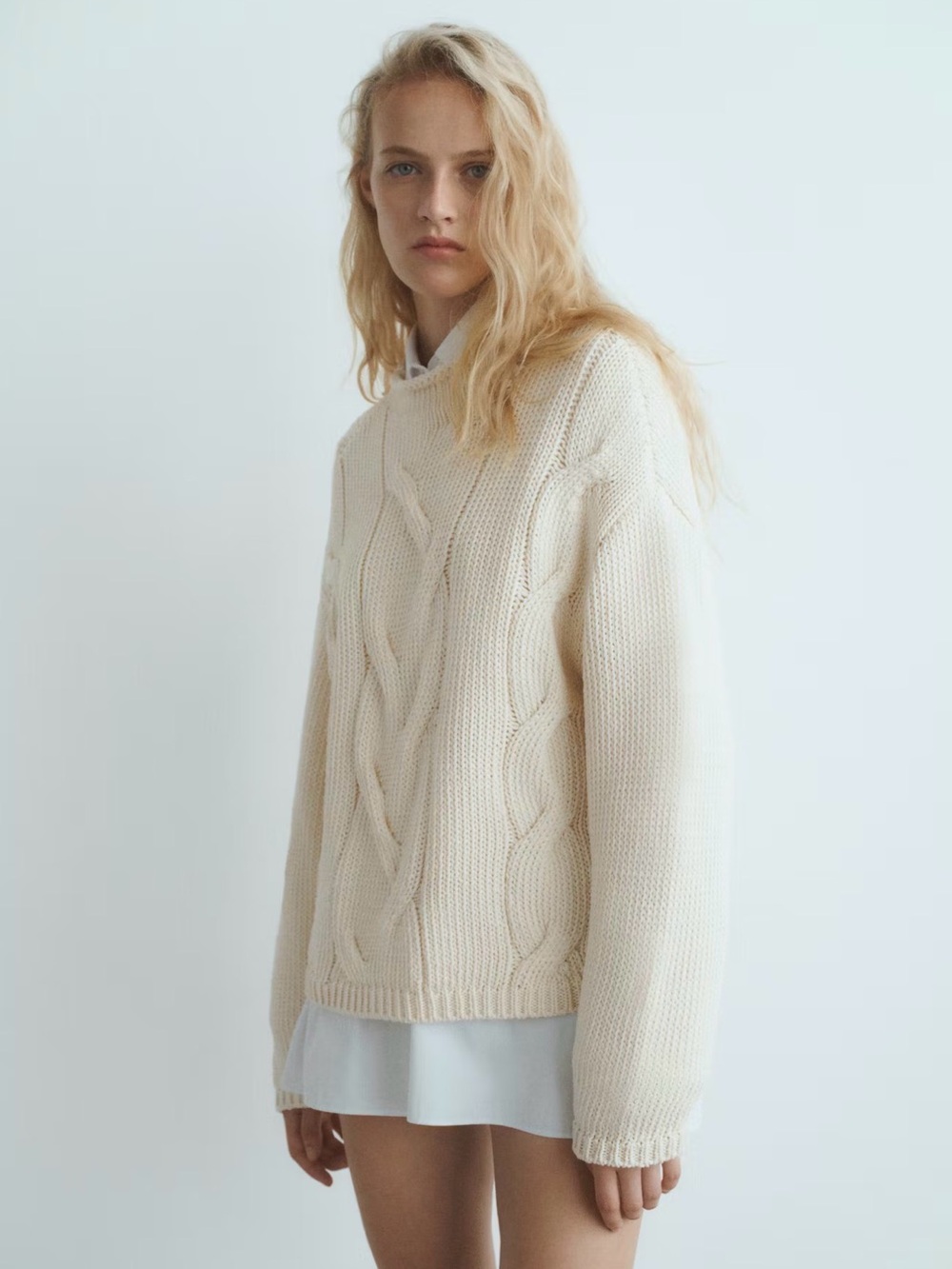 Mango Oversized Cable-Knit Rolled Neck Sweater Off White Cotton Blend Size M